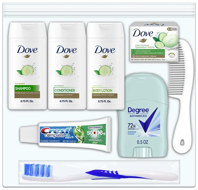 Unisex 8 pc Essential Hygiene & Toiletry Kit with Dove Amenities