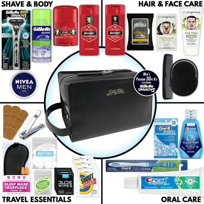 Men's Super Premium 30 PC Travel Kit in Large Leather Toiletry Bag 